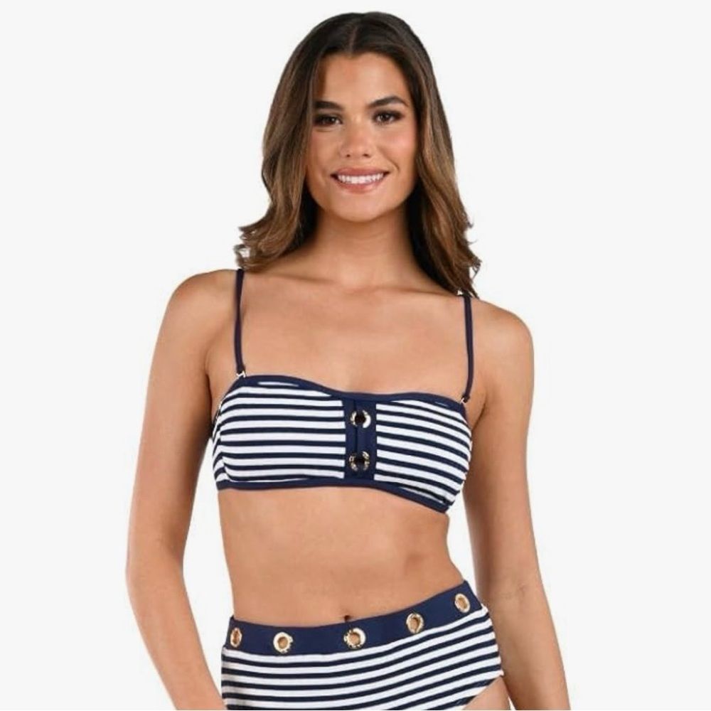 La Blanca Women's Bandeau Bikini Swimsuit Top Indigo Set Sail Blue White 4 NWT